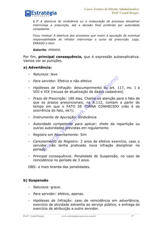 Curso Teórico de Direito Administrativo
Profº Cyonil Borges
Profº. Cyonil Borges www.estrategiaconcursos.com.br 57
§ 3o
A abertura de sindicância ou a instauração de processo disciplinar
interrompe a prescrição, até a decisão final proferida por autoridade
competente.
Ficou moleza! A abertura dos processos que visem à apuração de eventual
responsabilidade do infrator interrompe o curso da prescrição. Logo,
ERRADO o item.
Gabarito: ERRADO.
Por fim, principal consequência, que é expressão autoexplicativa.
Vamos ver as punições.
a) Advertência:
- Natureza: leve
- Para servidor: Efetivo e não efetivo
- Hipóteses de Infração: descumprimento do art. 117, inc. I a
VIII e XIX (recusa de atualização de dados cadastrais)
- Prazo de Prescrição: 180 dias. Chame-se atenção para o fato de
que os prazos prescricionais, na 8.112, contam a partir do
tempo em que o FATO SE TORNA CONHECIDO (não é da
ocorrência do fato, ok?);
- Instrumento de Apuração: Sindicância
- Autoridade competente para aplicar: chefe da repartição ou
outras autoridades previstas em regulamento
- Registro em Assentamento: Sim
- Cancelamento do Registro: 3 anos de efetivo exercício, caso o
servidor não tenha praticado nova infração disciplinar no
período.
- Principal consequência: Penalidade de Suspensão, no caso de
reincidência no período de 3 anos.
OBS: a mais branda das penalidades.
b) Suspensão
- Natureza: grave.
- Para servidor: efetivo, apenas.
- Hipóteses de Infração: caso de reincidência em advertência,
exercício de atividade estranha ao serviço público, e entrega do
exercício de atribuição a outro servidor.
W
e
PD
F
W
aterm
ark
R
em
overD
em
o
 
