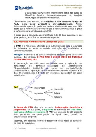 Curso Teórico de Direito Administrativo
Profº Cyonil Borges
Profº. Cyonil Borges www.estrategiaconcursos.com.br 64
a autoridade competente encaminhará cópia dos autos ao
Ministério Público, independentemente da imediata
instauração do processo disciplinar.
Observamos que, todavia, a sindicância não constitui etapa do
PAD, nem deve precedê-lo obrigatoriamente. Assim,
determinada apuração pode ser iniciada diretamente com um PAD.
Basta que a Administração conclua que o ilícito administrativo é grave
o suficiente para a instauração do PAD.
O prazo para a conclusão da sindicância é de 30 dias, prorrogável por
igual período, a critério da autoridade superior.
8.3. Processo Administrativo Disciplinar (PAD)
O PAD é o meio legal utilizado pela Administração para a apuração
de infrações, e, caso necessário, aplicação de penalidades a
servidores públicos.
Atenção! Lembre-se de que a sindicância também pode ter caráter
punitivo. Em síntese, O PAD NÃO É ÚNICO MEIO DE PUNIÇÃO
DE SERVIDORES, ok?
A instauração do PAD será necessária para a aplicação das
penalidades de demissão, cassação de aposentadoria
/disponibilidade, destituição de cargo em comissão/função
comissionada ou aplicação de suspensão com período superior a 30
dias. O procedimento é dividido em três fases, que podem ser assim
sintetizadas:
PAD
As fases do PAD são três, portanto: instauração, inquérito e
julgamento. De sua parte, o inquérito se subdivide em três fases:
instrução, defesa e relatório. O PAD tem duração de até sessenta
dias, permitida sua prorrogação por igual prazo, quando as
circunstâncias exigirem.
Vejamos, em detalhes, como se desdobram estas fases (e subfases,
no caso do inquérito).
Instauração
Inquérito
Julgamento
Instrução
Defesa
Relatório
W
e
PD
F
W
aterm
ark
R
em
overD
em
o
 