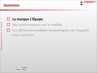 Sommaire La marque  L’Équipe Nos performances sur le mobile Les différents modèles économiques sur lesquels nous sommes 