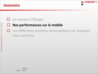 Sommaire La marque  L’Équipe Nos performances sur le mobile Les différents modèles économiques sur lesquels nous sommes 