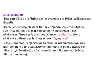 4.4.5. Evolution
- Lyse complète de la fibrine par les enzymes des PN et guérison sans
séquelle.
- Détersion incomplète de la fibrine= organisation = constitution
d'un tissu fibreux à la place de la fibrine qui conduit à des
adhérences fibreuses locales des séreuses "brides" ou d'une
adhérence diffuse des feuillets séreux "symphyse".
-Dans le poumon, l’organisation fibreuse de membranes hyalines
peut conduire à un épaississement fibreux des parois alvéolaires
(fibrose systématisée) ou à un comblement fibreux des alvéoles
(fibrose mutilante).
 