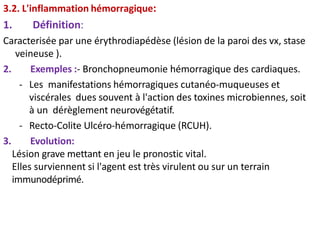 3.2. L'inflammation hémorragique:
1. Définition:
Caracterisée par une érythrodiapédèse (lésion de la paroi des vx, stase
veineuse ).
2. Exemples :- Bronchopneumonie hémorragique des cardiaques.
- Les manifestations hémorragiques cutanéo-muqueuses et
viscérales dues souvent à l'action des toxines microbiennes, soit
à un dérèglement neurovégétatif.
- Recto-Colite Ulcéro-hémorragique (RCUH).
3. Evolution:
Lésion grave mettant en jeu le pronostic vital.
Elles surviennent si l'agent est très virulent ou sur un terrain
immunodéprimé.
 