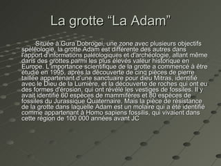 La grotte “La Adam” Située à Gura Dobrogei, une zone avec plusieurs objectifs spéléologie, la grotte Adam est différente des autres dans l'apport  d'informations  paléologiques   et d'archéologie, allant même dans des grottes parmi les plus élevés valeur historique en Europe. L'importance scientifique de la grotte a commencé à être étudié en 1995, après la découverte de cinq pièces de pierre taillée appartenant d’une sanctuaire pour dieu Mitras, identifié avec le Dieu de la Lumière, et la découverte de roches qui ont eu des formes d'érosion, qui ont révélé les vestiges de fossiles. Il y avait identifié 60 espèces de mammifères et 80 espèces de fossiles du Jurassique Quaternaire. Mais la pièce de résistance de la grotte dans laquelle Adam est un molaire qui a été identifié comme appartenant à Homo sapiens fossilis, qui vivaient dans cette région de 100 000 années avant JC 