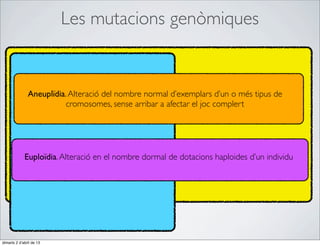 Les mutacions genòmiques


               Aneuplïdia. Alteració del nombre normal d’exemplars d’un o més tipus de
                          cromosomes, sense arribar a afectar el joc complert




             Euploïdia. Alteració en el nombre dormal de dotacions haploides d’un individu




dimarts 2 d’abril de 13
 