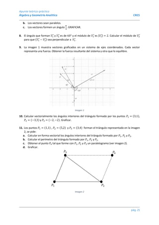 Apunte teórico-práctico
Álgebra y Geometría Analítica CRES
pág. 21
b. Los vectores sean paralelos.
c. Los vectores formen un ángulo
𝜋
4
. GRAFICAR.
8. El ángulo que forman 𝑣1
⃗⃗⃗⃗ y 𝑣2
⃗⃗⃗⃗ es de 60° y el módulo de 𝑣1
⃗⃗⃗⃗ es |𝑣1
⃗⃗⃗⃗ | = 2. Calcular el módulo de 𝑣2
⃗⃗⃗⃗
para que (𝑣1
⃗⃗⃗⃗ − 𝑣2
⃗⃗⃗⃗ ) sea perpendicular a 𝑣1
⃗⃗⃗⃗ .
9. La imagen 1 muestra vectores graficados en un sistema de ejes coordenados. Cada vector
representa una fuerza. Obtener la fuerza resultante del sistema y otra que lo equilibre.
Imagen 1
10. Calcular vectorialmente los ángulos interiores del triángulo formado por los puntos 𝑃1 = (3,1),
𝑃2 = (−3,3) y 𝑃3 = (−2, −2). Graficar.
11. Los puntos 𝑃1 = (1,1) , 𝑃2 = (5,2) y 𝑃3 = (3,4) forman el triángulo representado en la imagen
2, se pide:
a. Calcular en forma vectorial los ángulos interiores del triángulo formado por 𝑃1, 𝑃2 y 𝑃3.
b. Calcular el perímetro del triángulo formado por 𝑃1, 𝑃2 y 𝑃3.
c. Obtener el punto 𝑃4 tal que forme con 𝑃1, 𝑃2 y 𝑃3 un paralelogramo (ver imagen 2).
d. Graficar.
Imagen 2
 