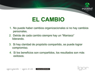 EL CAMBIO
1. No puede haber cambios organizacionales si no hay cambios
personales.
2. Detrás de cada cambio siempre hay un “Maniaco”
liderando.
3. Si hay claridad de propósito compartido, se puede lograr
compromiso.
4. Si los beneficios son compartidos, los resultados son más
exitosos.
 