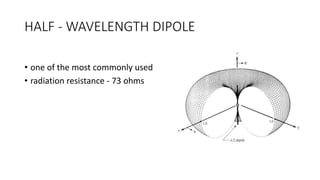 HALF - WAVELENGTH DIPOLE
• one of the most commonly used
• radiation resistance - 73 ohms
 