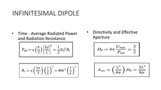 INFINITESIMAL DIPOLE
• Time - Average Radiated Power
and Radiation Resistance
• Directivity and Effective
Aperture
 