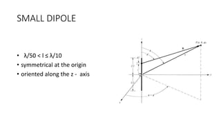 SMALL DIPOLE
• λ/50 < l ≤ λ/10
• symmetrical at the origin
• oriented along the z - axis
 