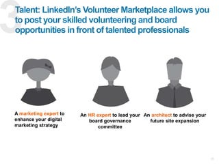 25
Talent: LinkedIn’s Volunteer Marketplace allows you
to post your skilled volunteering and board
opportunities in front of talented professionals
A marketing expert to
enhance your digital
marketing strategy
An HR expert to lead your
board governance
committee
An architect to advise your
future site expansion
 