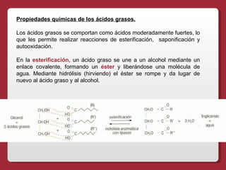 Propiedades químicas de los ácidos grasos. Los ácidos grasos se comportan como ácidos moderadamente fuertes, lo que les permite realizar reacciones de esterificación,  saponificación y autooxidación.  En la  esterificación,   un ácido graso se une a un alcohol mediante un enlace covalente, formando un  éster  y liberándose una molécula de agua. Mediante hidrólisis (hirviendo) el éster se rompe y da lugar de nuevo al ácido graso y al alcohol. 