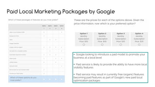 Paid Local Marketing Packages by Google
• Google looking to introduce a paid model to promote your
business at a local level
• Paid service is likely to provide the ability to have more local
visibility features
• Paid service may result in currently free (organic) features
becoming paid features as part of Google’s new paid local
optimization packages
 