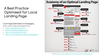 A Best Practice
Optimised for Local
Landing Page
Courtesy of https://niftymarketing.com/optimal-local-landing-page-infographic/
Local Image Optimisation via Geotagging
Some useful image geotagging tools:
• https://tool.geoimgr.com/
• https://imagegeotagger.com/
• https://massoptimizer.com/
• http://www.mardy.it/mappero-geotagger/
 
