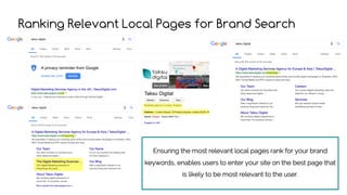Ranking Relevant Local Pages for Brand Search
Ensuring the most relevant local pages rank for your brand
keywords, enables users to enter your site on the best page that
is likely to be most relevant to the user.
 