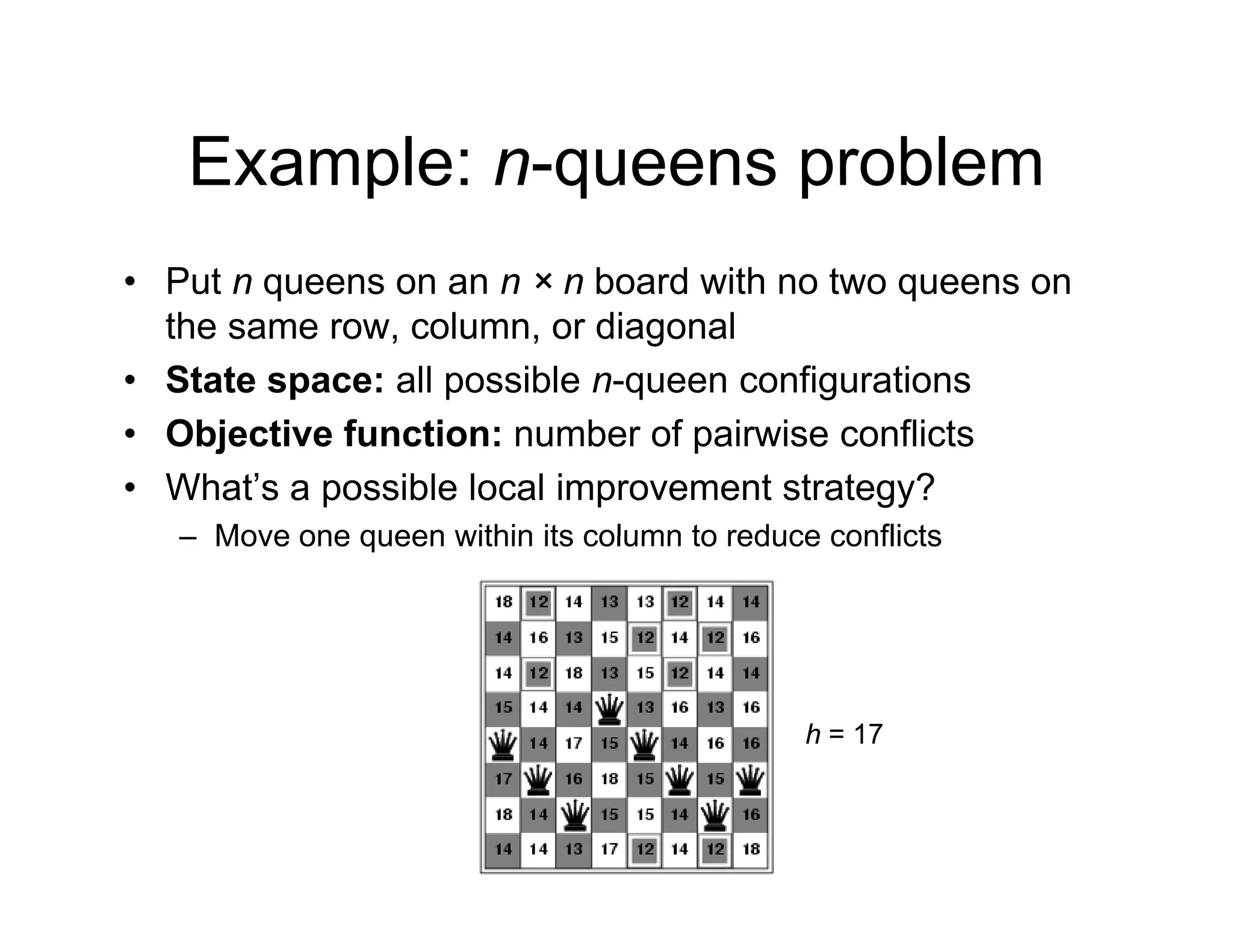 Example: n-queens problem
Example: n queens problem
• Put n queens on an n × n board with no two queens on
q q
the same row, column, or diagonal
• State space: all possible n-queen configurations
• Objective function: number of pairwise conflicts
• What’s a possible local improvement strategy?
Move one queen within its column to reduce conflicts
– Move one queen within its column to reduce conflicts
h = 17
 
