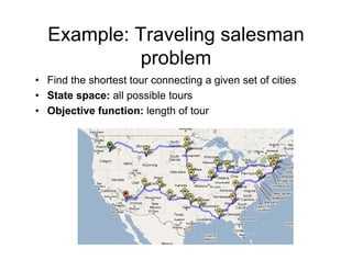 Example: Traveling salesman
problem
• Find the shortest tour connecting a given set of cities
g g
• State space: all possible tours
• Objective function: length of tour
 