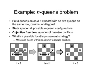 Example: n-queens problem
Example: n queens problem
• Put n queens on an n × n board with no two queens on
q q
the same row, column, or diagonal
• State space: all possible n-queen configurations
• Objective function: number of pairwise conflicts
• What’s a possible local improvement strategy?
Move one queen within its column to reduce conflicts
– Move one queen within its column to reduce conflicts
 