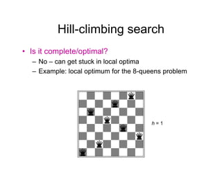 Hill-climbing search
Hill climbing search
• Is it complete/optimal?
Is it complete/optimal?
– No – can get stuck in local optima
– Example: local optimum for the 8-queens problem
p p q p
h = 1
 