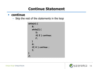 Continue Statement
 continue
  – Skip the rest of the statements in the loop
               while(A) {
                   B;
                   while(C) {
                       D;
                       if( E ) continue;
                       F;
                   }
                   G;
                   if( H ) continue ;
                   I;
               }
               J;



                                                  14
 
