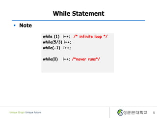 While Statement
 Note

         while (1) i++; /* infinite loop */
         while(5/3) i++;
         while(-1) i++;

         while(0)   i++; /*naver runs*/




                                              5
 