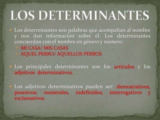  Los determinantes son palabras que acompañan al nombre
y nos dan información sobre él. Los determinantes
concuerdan con el nombre en género y número.
 MI CASA/ MIS CASAS
 AQUEL PERRO/ AQUELLOS PERROS
 Los principales determinantes son los artículos y los
adjetivos determinativos.
 Los adjetivos determinativos pueden ser: demostrativos,
posesivos, numerales, indefinidos, interrogativos y
exclamativos.
 