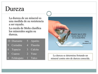 La dureza de un mineral es una medida de su resistencia a ser rayado. La escala de Mohs clasifica los minerales según su dureza. Dureza La dureza se determina frotando un mineral contra otro de dureza conocida. 10  Diamante 5  Apatito 9  Corindón  4  Fluorita 8  Topacio 3  Calcita 7  Cuarzo 2  Yeso 6  Feldespato 1  Talco 