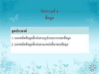 กจกรรมท 4
                   ขอมล

จดประสงค
1. บอกชนดขอมลทแบงตามรปแบบการแทนขอมล
2. บอกชนดขอมลทแบงตามแหลงทมาของขอมล
 