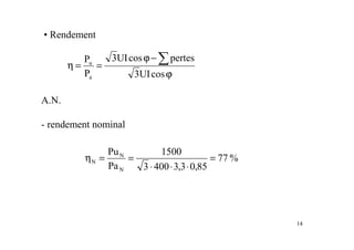14
ϕ
−
ϕ
=
=
η
∑
cos
UI
3
pertes
cos
UI
3
P
P
a
u
• Rendement
A.N.
- rendement nominal
%
77
85
,
0
3
,
3
400
3
1500
Pa
Pu
N
N
N =
⋅
⋅
⋅
=
=
η
 