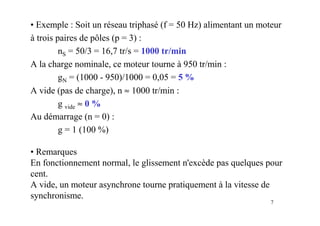 7
• Exemple : Soit un réseau triphasé (f = 50 Hz) alimentant un moteur
à trois paires de pôles (p = 3) :
nS = 50/3 = 16,7 tr/s = 1000 tr/min
A la charge nominale, ce moteur tourne à 950 tr/min :
gN = (1000 - 950)/1000 = 0,05 = 5 %
A vide (pas de charge), n ≈ 1000 tr/min :
g vide ≈ 0 %
Au démarrage (n = 0) :
g = 1 (100 %)
• Remarques
En fonctionnement normal, le glissement n'excède pas quelques pour
cent.
A vide, un moteur asynchrone tourne pratiquement à la vitesse de
synchronisme.
 