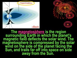 The magnetosphere is the region
surrounding Earth in which the planet's
magnetic field deflects the solar wind. The
magnetosphere is compressed by the solar
wind on the side of the planet facing the
Sun, and trails far off into space on side
away from the Sun. 
<Back
>
 