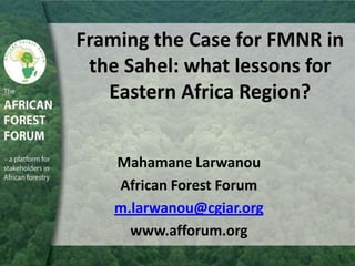 Framing the Case for FMNR in
 the Sahel: what lessons for
   Eastern Africa Region?


   Mahamane Larwanou
   African Forest Forum
   m.larwanou@cgiar.org
     www.afforum.org
 