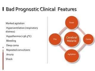 Bad Prognostic Clinical  Features Marked agitation Hyperventilation (respiratory distress) Hypothermia (<36.5°C) Bleeding Deep coma Repeated convulsions Anuria  Shock  