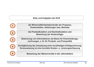 Ziele und Aufgaben der KLR


        1                      die Wirtschaftlichkeitskontrolle der Prozesse,
                                 Kostenstellen, Abteilungen bzw. Betriebe

                               die Preiskalkulation und Nachkalkulation und
        2
                                        Bewertung der Kostenträger

                         Gewinnung von Informationen als Basis für Entscheidungs-
        3
                              rechnungen, z. B. für Produkt- und Preispolitik

        4         Ermöglichung der Umsetzung einer kurzfristigen Erfolgsrechnung
                   Voraussetzung ist eine korrekte Kosten- u. Leistungserfassung

        5                     Bewertung der Warenvorräte in der Jahresbilanz



Ökonomische Grundlagen                    Tobias Illig              SRH Hochschule Heidelberg   96
 
