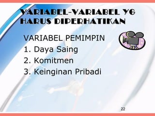 VARIABEL-VARIABEL YG
HARUS DIPERHATIKAN

VARIABEL PEMIMPIN
1. Daya Saing
2. Komitmen
3. Keinginan Pribadi



                       22
 