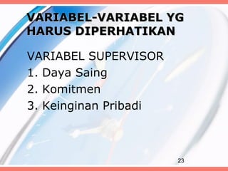 VARIABEL-VARIABEL YG
HARUS DIPERHATIKAN

VARIABEL SUPERVISOR
1. Daya Saing
2. Komitmen
3. Keinginan Pribadi



                       23
 