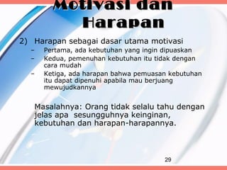 Motivasi dan
          Harapan
2) Harapan sebagai dasar utama motivasi
  –   Pertama, ada kebutuhan yang ingin dipuaskan
  –   Kedua, pemenuhan kebutuhan itu tidak dengan
      cara mudah
  –   Ketiga, ada harapan bahwa pemuasan kebutuhan
      itu dapat dipenuhi apabila mau berjuang
      mewujudkannya


   Masalahnya: Orang tidak selalu tahu dengan
   jelas apa sesungguhnya keinginan,
   kebutuhan dan harapan-harapannya.



                                       29
 