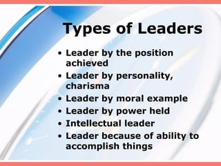 Types of Leaders
• Leader by the position
  achieved
• Leader by personality,
  charisma
• Leader by moral example
• Leader by power held
• Intellectual leader
• Leader because of ability to
  accomplish things
 