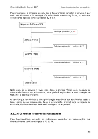 Conectividade Social ICP Guia de orientações ao usuário
37
Posteriormente, a empresa decidiu dar a Zenara Verso também o serviço 4, por
meio do aditamento da outorga. Os substabelecimento seguintes, no entanto,
continuarão apenas com os poderes 1, 2 e 3.
Note que, se o serviço 4 tiver sido dado a Zenara Verso com cláusula de
substabelecimento no aditamento, esta poderá repassá-lo a seus colegas de
trabalho, e assim por diante.
O serviço que for inserido a uma procuração eletrônica por aditamento passa a
fazer parte dessa procuração. Caso a procuração original seja revogada ou
expirada, o aditamento também será revogado ou expirado.
2.3.2.6 Consultar Procurações Outorgadas
Esta funcionalidade permite ao outorgante consultar as procurações que
eventualmente tenha outorgado a PJ ou PF.
Negócios & Coisas S/A
Luiame Prosa
Outorga: poderes 1,2,3,4
Substabelecimento 1: poderes 1,2,3
Zenara Verso
Clésio Épico
Dicerto Soneto
Substabelecimento 2: poderes 1,2,3
Substabelecimento 3: poderes 1,2,3
 