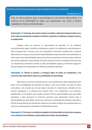Dominio II: Enseñanza para el aprendizaje de los estudiantes 
Competencia 3 
30 
Crea un clima propicio para el aprendizaje, la convivencia democrática y la 
vivencia de la diversidad en todas sus expresiones con miras a formar 
ciudadanos críticos e interculturales. 
Desempeño 11. Construye, de manera asertiva y empática, relaciones interpersonales con y 
entre todos los estudiantes, basadas en el afecto, la justicia, la conanza, el respeto mutuo y 
la colaboración. 
Propicia entre sus alumnos la oportunidad de aprender en un ambiente 
emocionalmente seguro, donde los estudiantes acudan con satisfacción, promoviendo en 
ellos el respeto por sí mismos y por sus compañeros. Fomenta la creación de un espacio 
democrático en el que se reconozca la individualidad de cada uno y del cual el estudiante se 
sienta parte. Crea oportunidades para que los alumnos expresen emociones, ideas y afectos 
de manera respetuosa, clara y directa, sin temor a la burla o el error. Acepta las emociones de 
sus estudiantes y demuestra interés en ellas, brindándoles apoyo y orientación según las 
diversas etapas de su desarrollo y los distintos contextos culturales. 
Desempeño 12. Orienta su práctica a conseguir logros en todos sus estudiantes, y les 
comunica altas expectativas sobre sus posibilidades de aprendizaje. 
Demuestra y comunica continuamente a sus estudiantes las altas expectativas que 
tiene en las posibilidades de aprender de todos y cada uno de ellos en todas las áreas 
curriculares y de acuerdo con lo que exige la escuela. Es comprensivo y flexible con los 
avances desiguales y se esfuerza por conocer bien a sus estudiantes y sus entornos, 
alentándolos en los logros que pueden alcanzar. Provee oportunidades para que todos 
participen y sabe reconocer el momento oportuno para plantearles nuevos retos y 
oportunidades de aprendizaje. Asimismo, reconoce la diversidad de prácticas culturales y 
formas de aprender de sus estudiantes. Observa con interés el placer que experimentan sus 
alumnos cuando ejecutan y perciben la utilidad de las tareas. 
Desempeño 13. Promueve un ambiente acogedor de la diversidad, en el que ésta se exprese 
y sea valorada como fortaleza y oportunidad para el logro de aprendizajes. 
Marco de Buen Desempeño Docente 
 