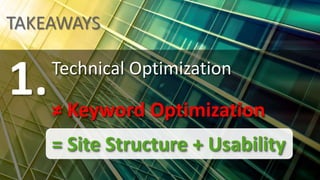TAKEAWAYS
Technical Optimization
helps… but only
RELEVANT CONTENT
creates long-term Success!
1.
 
