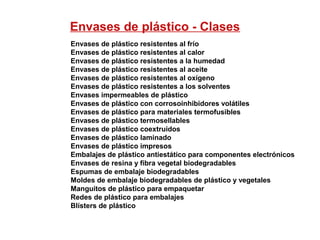 Envases de plástico resistentes al frío
Envases de plástico resistentes al calor
Envases de plástico resistentes a la humedad
Envases de plástico resistentes al aceite
Envases de plástico resistentes al oxígeno
Envases de plástico resistentes a los solventes
Envases impermeables de plástico
Envases de plástico con corrosoinhibidores volátiles
Envases de plástico para materiales termofusibles
Envases de plástico termosellables
Envases de plástico coextruidos
Envases de plástico laminado
Envases de plástico impresos
Embalajes de plástico antiestático para componentes electrónicos
Envases de resina y fibra vegetal biodegradables
Espumas de embalaje biodegradables
Moldes de embalaje biodegradables de plástico y vegetales
Manguitos de plástico para empaquetar
Redes de plástico para embalajes
Blísters de plástico
Envases de plástico - Clases
 