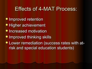 Effects of 4-MAT Process:Effects of 4-MAT Process:
Improved retentionImproved retention
Higher achievementHigher achievement
Increased motivationIncreased motivation
Improved thinking skillsImproved thinking skills
Lower remediation (success rates with at-Lower remediation (success rates with at-
risk and special education students)risk and special education students)
 