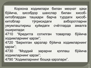 •3
6
Корхона ходимлари билан меҳнат ҳақи
бўйича, ҳисобдор шахслар билан хисоб-
китоблардан ташқари барча турдаги ҳисоб-
китоблар тўғрисидаги ахборотларни
умумлаштириш қуйидаги счётларда амалга
оширилади:
4710 “Кредитга сотилган товарлар бўйича
ходимларнинг қарзи”;
4720 “Берилган қарзлар бўйича ходимларнинг
қарзи”;
4730 “Моддий зарарни қоплаш бўйича
ходимларнинг қарзи”;
4790 “Ходимларнинг бошқа қарзлари”.
 