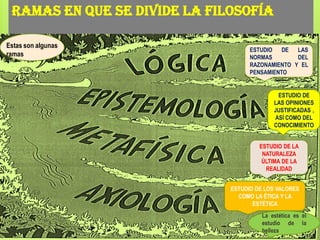 RAMAS EN QUE SE DIVIDE LA FILOSOFÍA
ESTUDIO DE LAS
NORMAS DEL
RAZONAMIENTO Y EL
PENSAMIENTO
ESTUDIO DE
LAS OPINIONES
JUSTIFICADAS ,
ASÍ COMO DEL
CONOCIMIENTO
ESTUDIO DE LA
NATURALEZA
ÚLTIMA DE LA
REALIDAD
ESTUDIO DE LOS VALORES
COMO LA ÉTICA Y LA
ESTÉTICA
La estética es el
estudio de la
belleza
Estas son algunas
ramas
 