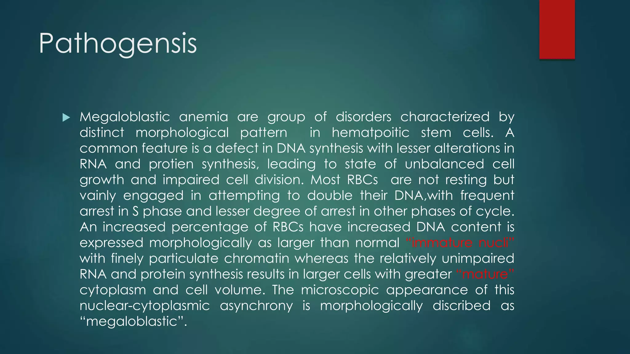 Pathogensis
 Megaloblastic anemia are group of disorders characterized by
distinct morphological pattern in hematpoitic stem cells. A
common feature is a defect in DNA synthesis with lesser alterations in
RNA and protien synthesis, leading to state of unbalanced cell
growth and impaired cell division. Most RBCs are not resting but
vainly engaged in attempting to double their DNA,with frequent
arrest in S phase and lesser degree of arrest in other phases of cycle.
An increased percentage of RBCs have increased DNA content is
expressed morphologically as larger than normal “immature nucli”
with finely particulate chromatin whereas the relatively unimpaired
RNA and protein synthesis results in larger cells with greater “mature”
cytoplasm and cell volume. The microscopic appearance of this
nuclear-cytoplasmic asynchrony is morphologically discribed as
“megaloblastic”.
 