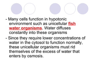 - Many cells function in hypotonic environment such as unicellular  fish water organisms . Water diffuses constantly into these organisms - Since they require lower concentrations of water in the cytosol to function normally, these unicellular organisms must rid themselves of the excess of water that enters by osmosis.  