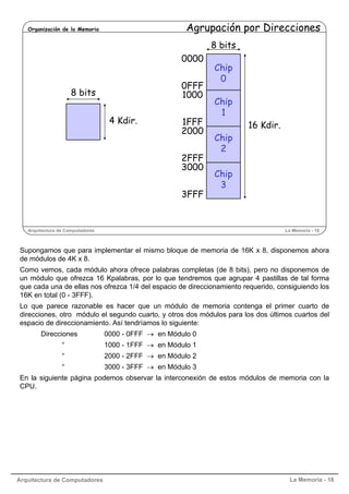 Arquitectura de Computadores La Memoria - 18
Arquitectura de Computadores La Memoria - 18
Organización de la Memoria Agrupación por Direcciones
8 bits
0000
0FFF
1000
1FFF
2000
2FFF
3000
3FFF
16 Kdir.
8 bits
Chip
0
Chip
1
Chip
2
Chip
3
4 Kdir.
Supongamos que para implementar el mismo bloque de memoria de 16K x 8, disponemos ahora
de módulos de 4K x 8.
Como vemos, cada módulo ahora ofrece palabras completas (de 8 bits), pero no disponemos de
un módulo que ofrezca 16 Kpalabras, por lo que tendremos que agrupar 4 pastillas de tal forma
que cada una de ellas nos ofrezca 1/4 del espacio de direccionamiento requerido, consiguiendo los
16K en total (0 - 3FFF).
Lo que parece razonable es hacer que un módulo de memoria contenga el primer cuarto de
direcciones, otro módulo el segundo cuarto, y otros dos módulos para los dos últimos cuartos del
espacio de direccionamiento. Así tendríamos lo siguiente:
Direcciones 0000 - 0FFF → en Módulo 0
“ 1000 - 1FFF → en Módulo 1
“ 2000 - 2FFF → en Módulo 2
“ 3000 - 3FFF → en Módulo 3
En la siguiente página podemos observar la interconexión de estos módulos de memoria con la
CPU.
 