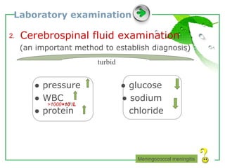 Laboratory examination ⒉  Cerebrospinal fluid examination   (an important method to establish diagnosis)  : ●  pressure  ●  glucose  ●  WBC  ●  sodium ●  protein   chloride Meningococcal meningitis turbid >1000 ×10 6 /L 