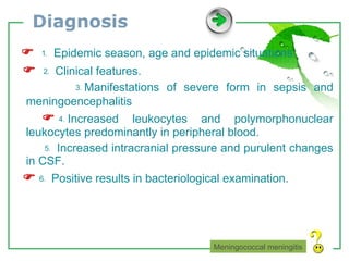 Diagnosis    ⒈  Epidemic season, age and epidemic situations.    ⒉  Clinical features. ⒊ Manifestations of severe form in sepsis and meningoencephalitis    ⒋ Increased leukocytes and polymorphonuclear leukocytes predominantly in peripheral blood. ⒌  Increased intracranial pressure and purulent changes in CSF.  ⒍  Positive results in bacteriological examination. Meningococcal meningitis 