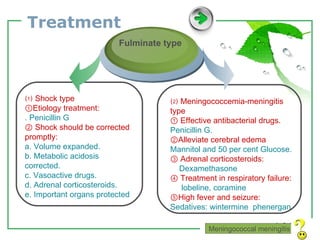 Treatment Meningococcal meningitis ⑴  Shock type  ① Etiology treatment:   . Penicillin G ②  Shock should be corrected promptly: a. Volume expanded. b. Metabolic acidosis corrected. c. Vasoactive drugs.  d. Adrenal corticosteroids.  e. Important organs protected   Fulminate type ⑵  Meningococcemia-meningitis type ①  Effective antibacterial drugs. Penicillin G. ② Alleviate cerebral edema  Mannitol and 50 per cent Glucose. ③  Adrenal corticosteroids:   Dexamethasone  ④  Treatment in respiratory failure: lobeline, coramine   ⑤ High fever and seizure:   Sedatives: wintermine  phenergan   